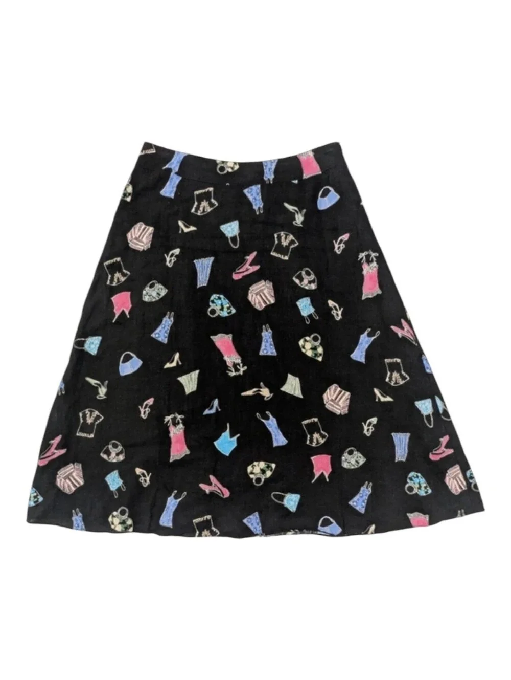 Liz Claiborne Linen Black A-Line Skirt Size 8 Knee Length Fashion Novelty Print